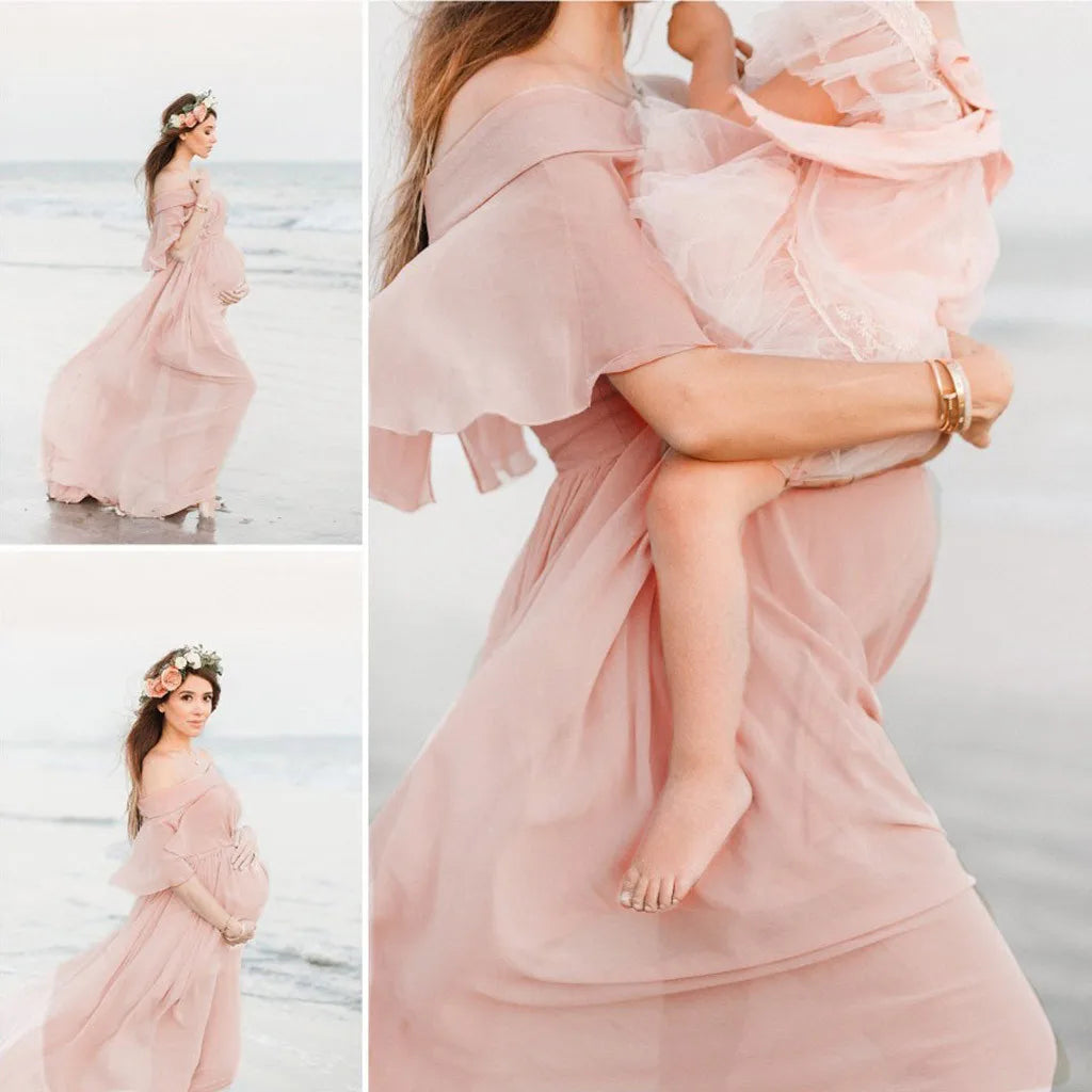 Maternity Dress Women Solid Color Short Sleeve Ruffles Props Dress Pregnants Photography Maternities Party Temperament Outfits