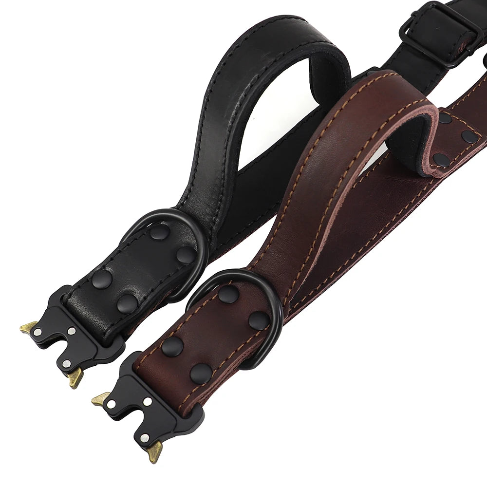 Real Leather Dog Collar With Handle Tactical Military Dog Leather Collar For Medium Large Dogs German Shepherd Training Hunting