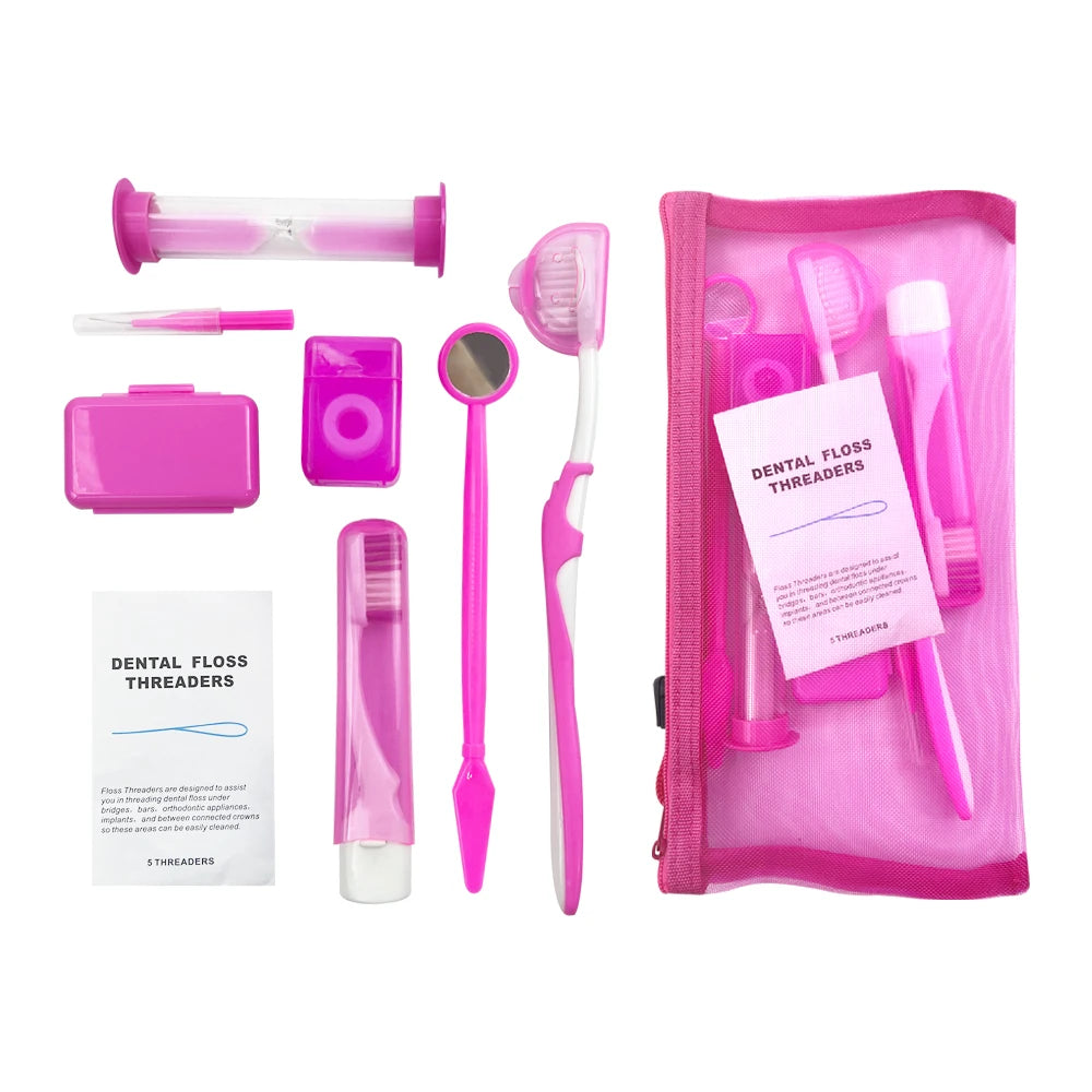 8Pcs/set Orthodontic Dental Care Brush Kit Teeth Cleaning Braces Toothbrush with Interdental Brush Floss Thread Wax Travel Kit