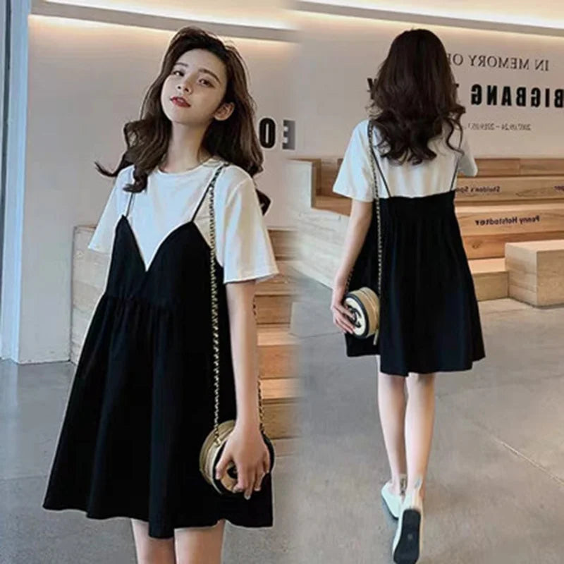 Summer Maternity New Fashion Casual Dresses Summer Mid-Length Maternity Tops Loose False Two-Piece Short-Sleeved Halter Dresses