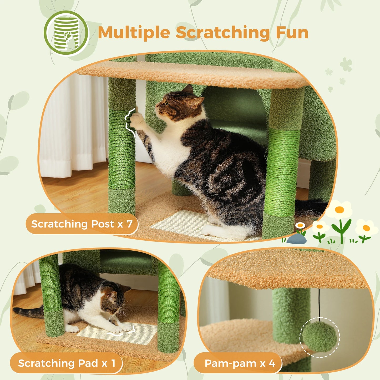 184cm Large Cat Tree Tower for Indoor Cats With Sisal-Covered Scratching Posts Spacious Hammock Padded Perches and Condos Green