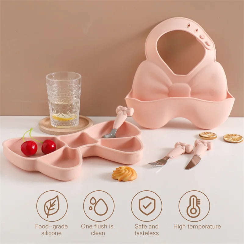 Baby Tableware Set BPA Free Silicone Bow Dish Tie Bowl Fork Food Plate Stainless Spoon Non-slip Tableware Newborn Feeding Tool