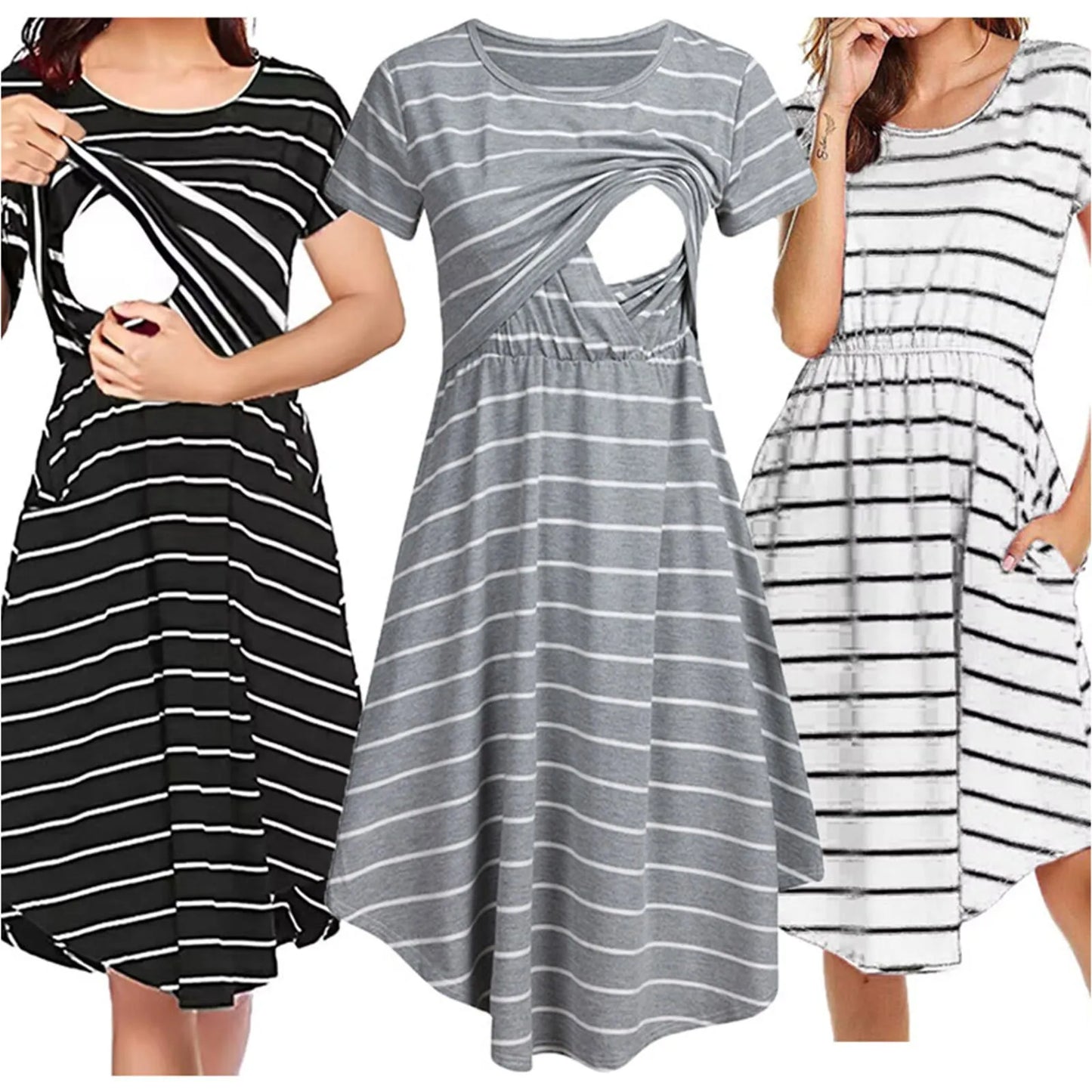 Summer Maternity Care Striped Dresses Women Maternity Casual Striped Short Sleeve Nursing Dress Clothes For Pregnant Women