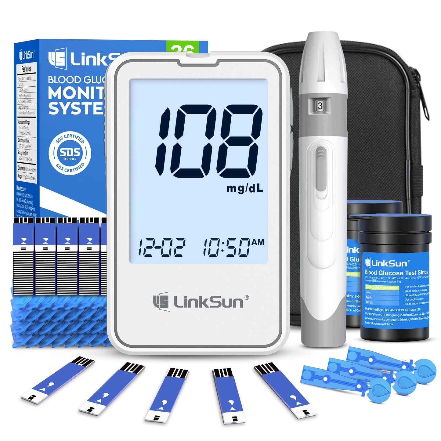 G-425-2 Linksun Blood Glucose Meter Glucometer Kit Medical Diabetes Testing Blood Sugar Tester Digital Glucosemeter Complete Kit