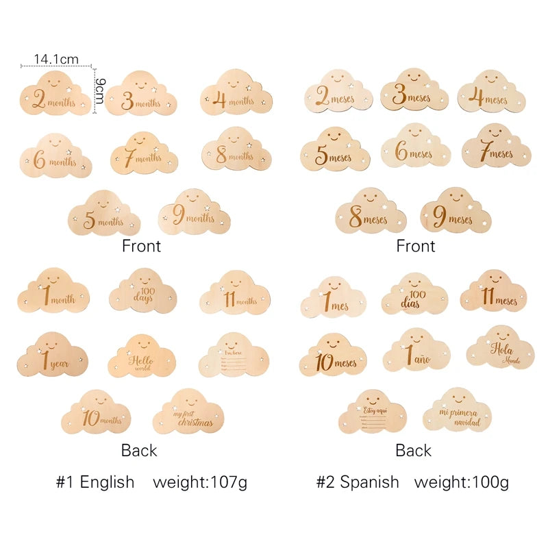 8pc/set Wooden Baby Milestone Card For Newborn Cute Cloud Shape Photography Props Accessories Month Cards Sticker Newborn Gifts