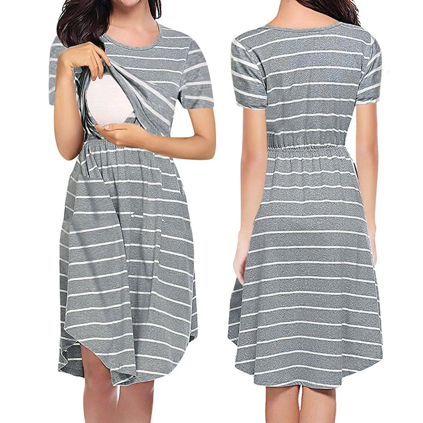 Summer Maternity Care Striped Dresses Women Maternity Casual Striped Short Sleeve Nursing Dress Clothes For Pregnant Women