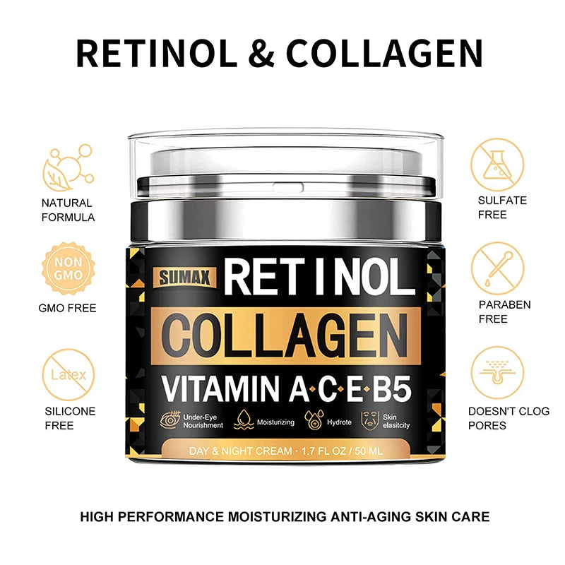 Retinol Collagen Face Cream Skincare Smooth Wrinkles Moisturizing Brightening Hydrating Firming Facial Face Men Women Cosmetics