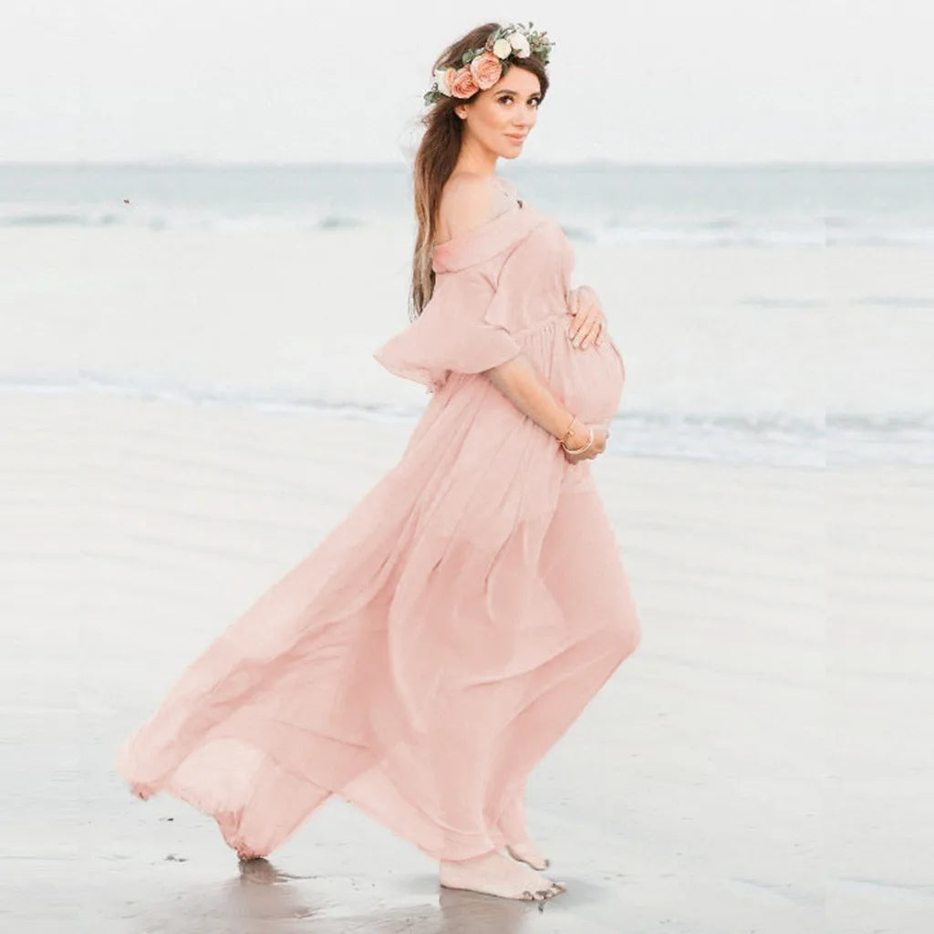 Maternity Dress Women Solid Color Short Sleeve Ruffles Props Dress Pregnants Photography Maternities Party Temperament Outfits