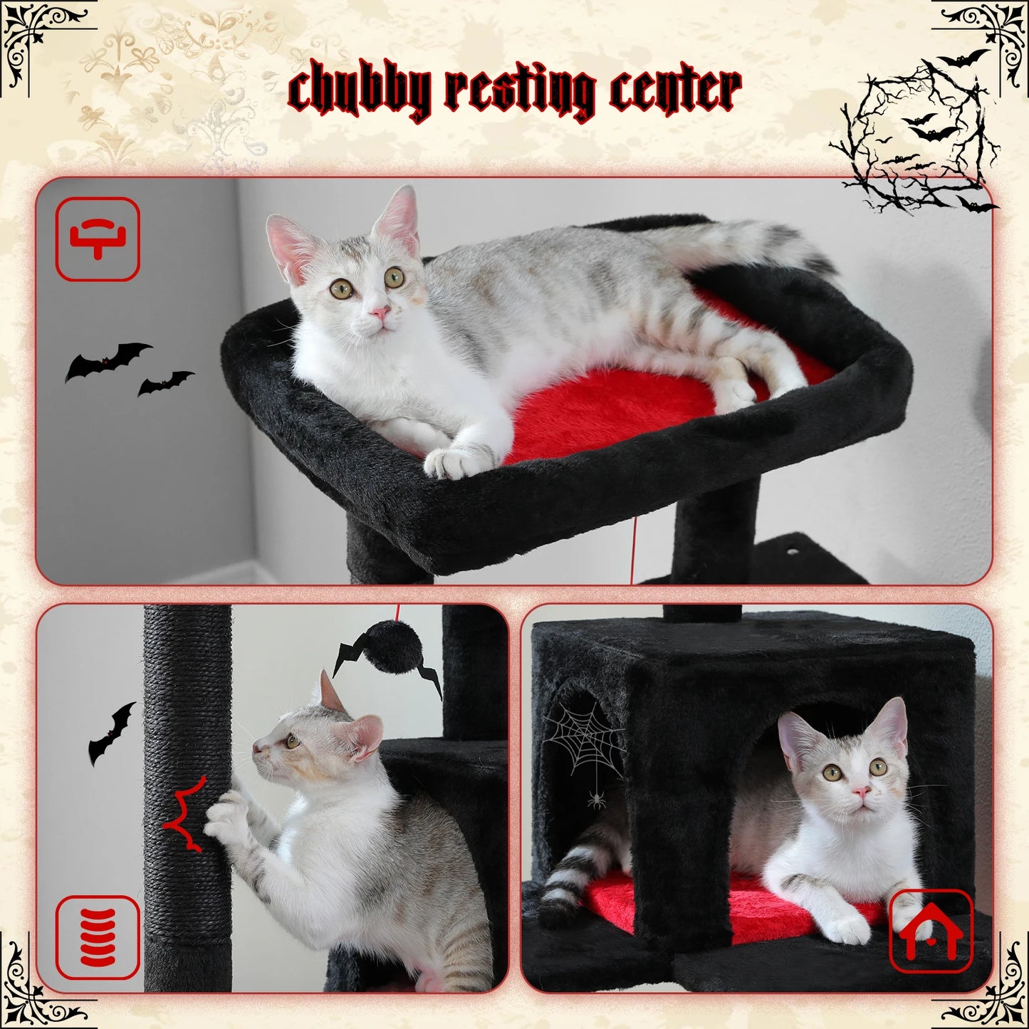 Gothic Cat Tree for Indoor Cats, Tall Cat Tower with Super Large Hammock, Sisal Covered Scratching Post Cozy Condo Top Perch