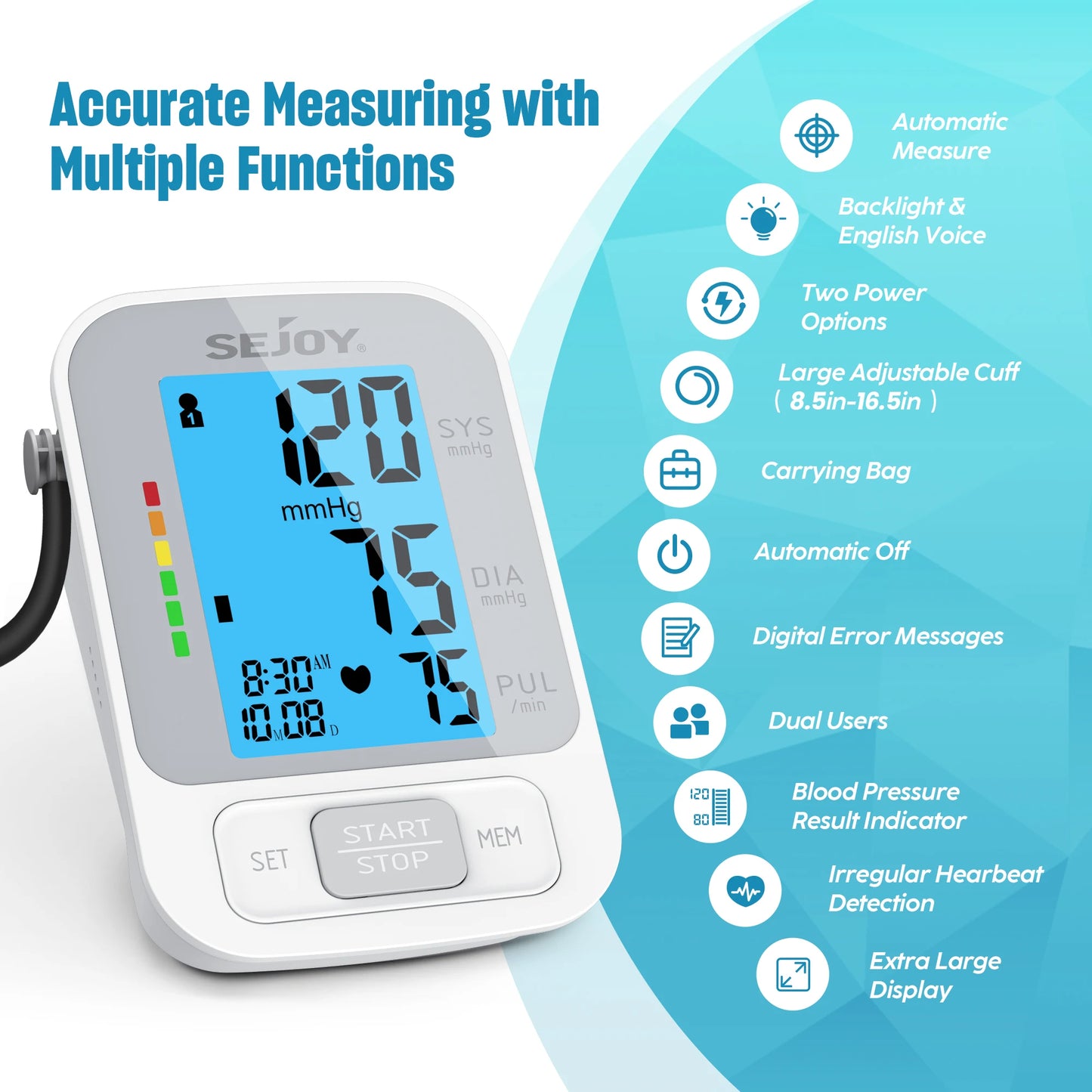 SEJOY Upper Arm Automatic Sphygmomanometer English Voice Backlight Blood Pressure Monitor High Accurate BP Monitors