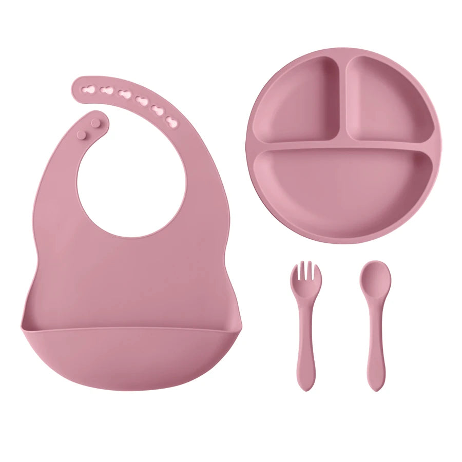 4PCS Baby Silicone Tableware Sets Contrasting Colors Dining Sets Suction Plate Waterproof Bib Portable Baby Spoon Fork