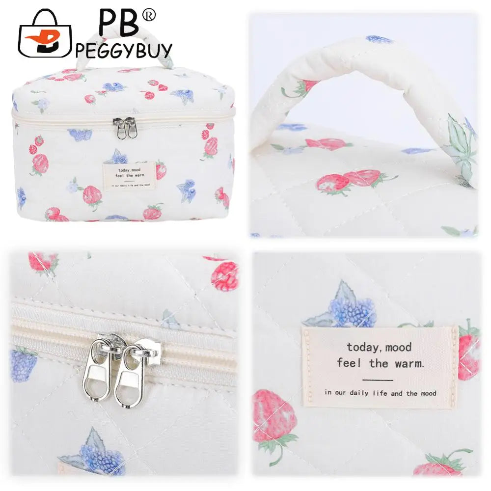 3Pcs Padded Makeup Bag Large Capacity Quilting Storage Bag Strawberry Print Adorable Padding Skincare Pouch Ladies Trip Bag