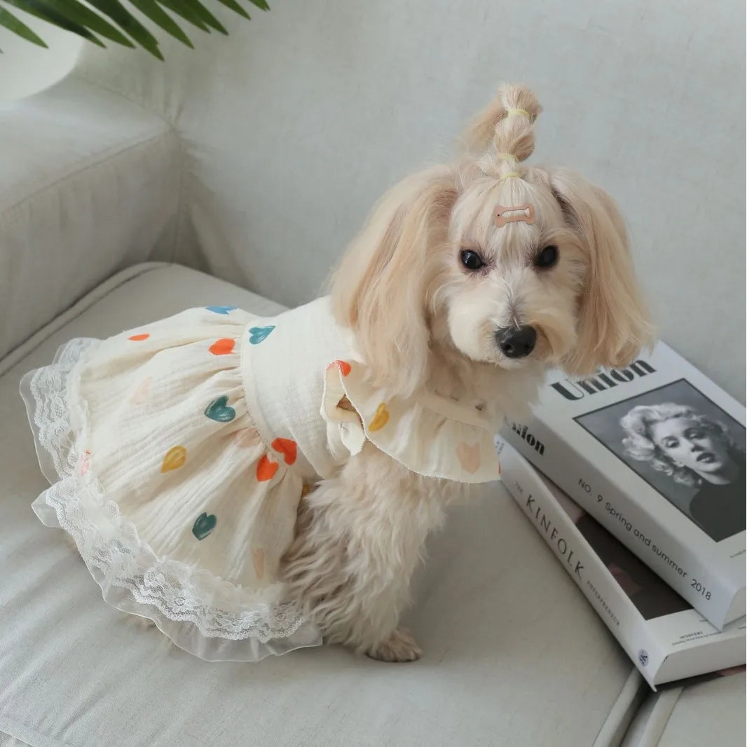 Pet Light Yellow Heart-shaped Little Fly Sleeve Dress Cat and Dog Four Season Vest Puppy Clothes Dog Dresses for Small Dogs