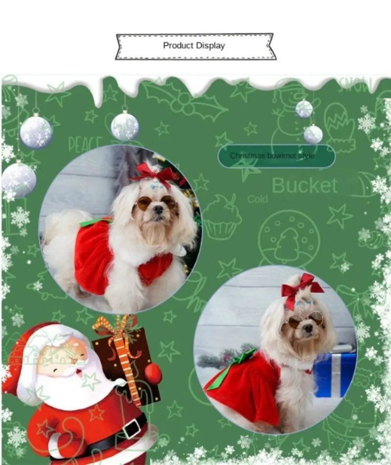 Pet Christmas Clothing Dog Cat Red Dress Warm Bow Frock Golden Velvet Fabric Santa Claus Clothes Dogs Cats Garment Pets Supplies
