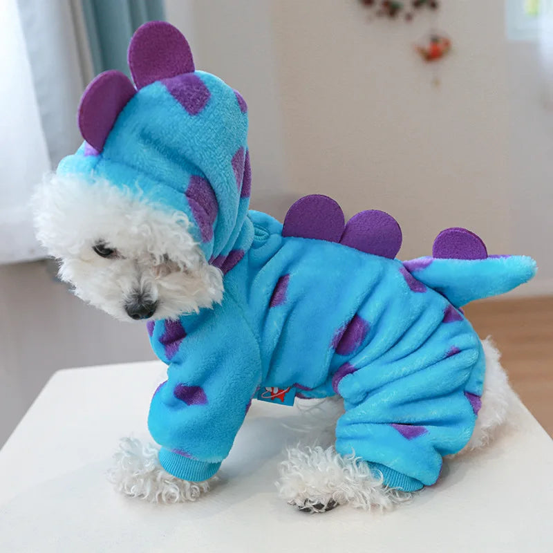 Cosplay Dinosaur Dog Halloween Costume for Small Dogs Dress Up Hoodies Thermal Velvet Padded Dog Pajamas Winter Puppy Jumpsuit