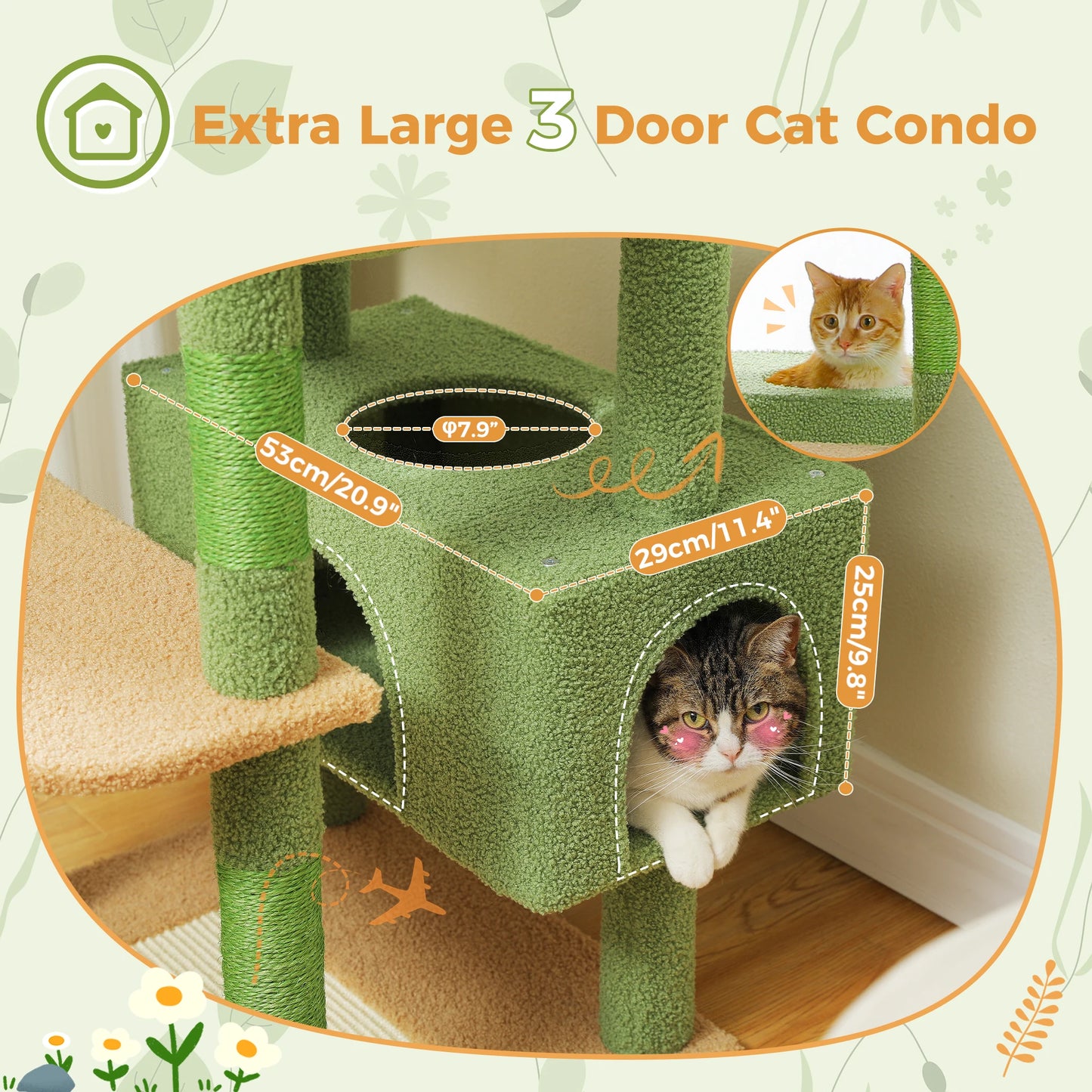 184cm Large Cat Tree Tower for Indoor Cats With Sisal-Covered Scratching Posts Spacious Hammock Padded Perches and Condos Green