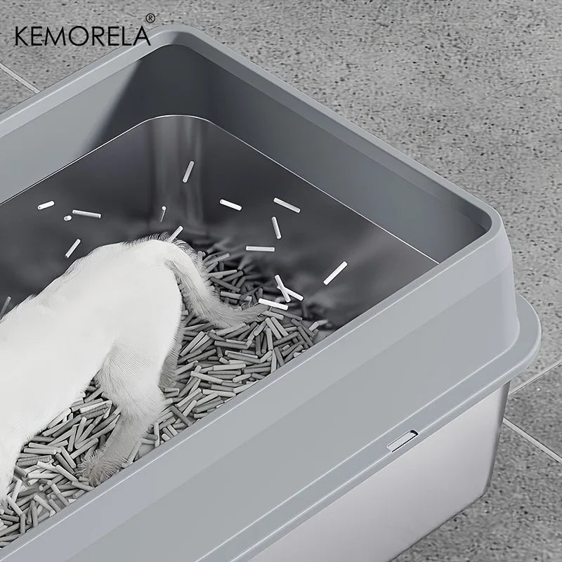 KEMORELA 1PC Stainless Steel Cat Bedpans Thickening Semi-enclosed High Side With Lid Litter Scoop Splashproof Open Litter Box