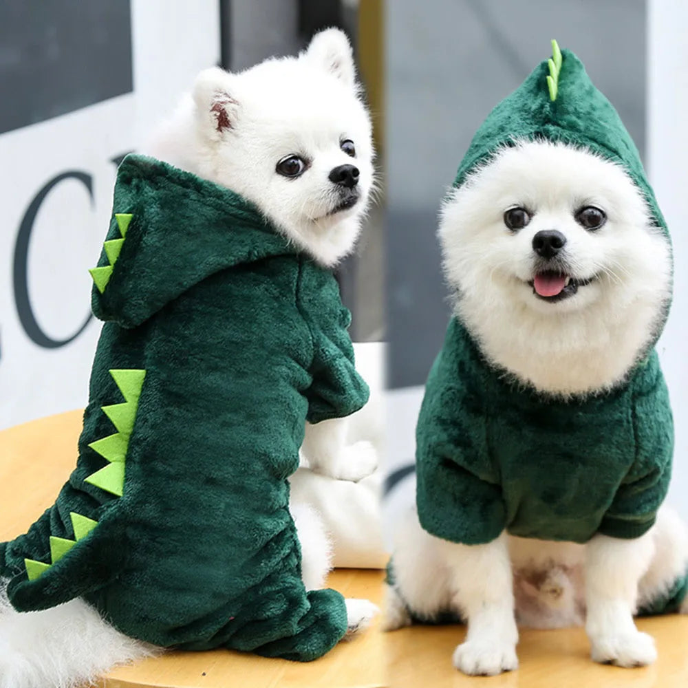 Dinosaur Pet Costume Cat and Dog Halloween Costume Cute Pet Dino Hoodie for Small Dogs Winter Warm Outfits Puppy Fleece Clothes
