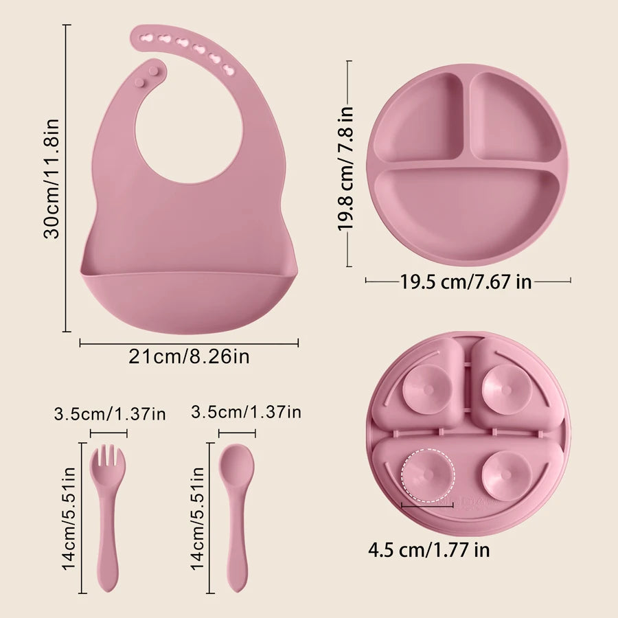 4PCS Baby Silicone Tableware Sets Contrasting Colors Dining Sets Suction Plate Waterproof Bib Portable Baby Spoon Fork