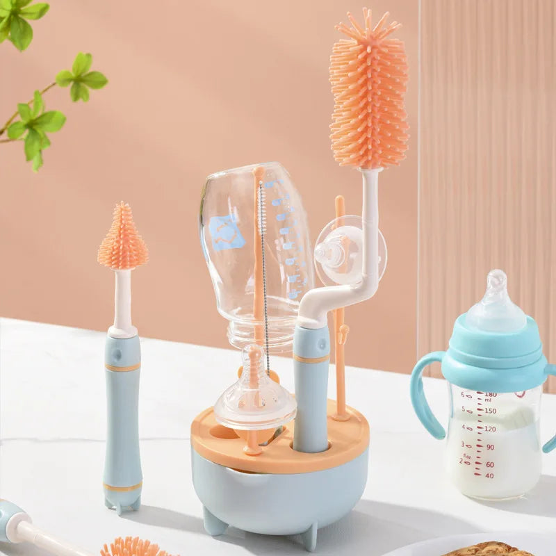 4Pcs Silicone Baby Bottle Brush Long Handle Cleaning Set 360 Degree Rotating Cleaner Nipple Brush Set Feeding Bottles Cleaner