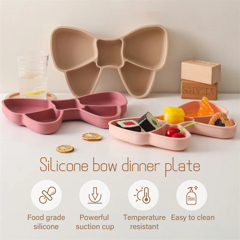 Baby Tableware Set BPA Free Silicone Bow Dish Tie Bowl Fork Food Plate Stainless Spoon Non-slip Tableware Newborn Feeding Tool