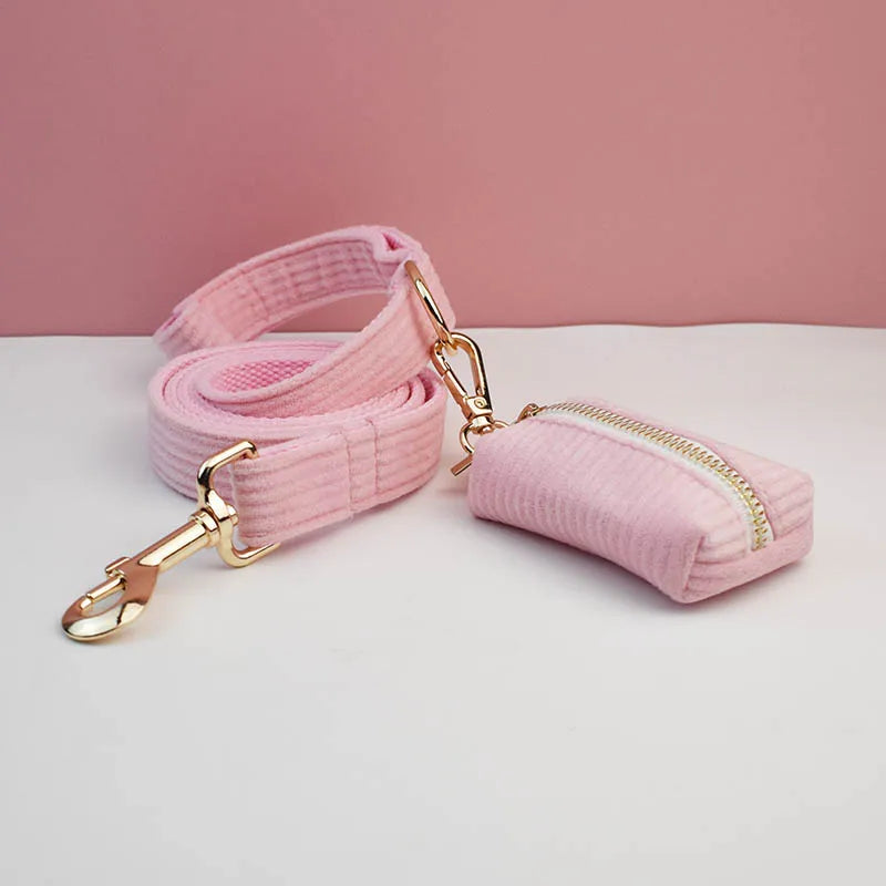 Pink Corduroy Dog Collar And Leash Set For Dogs Custom Engraved Nameplate Pet Supplies Dog Leash Corduroy07