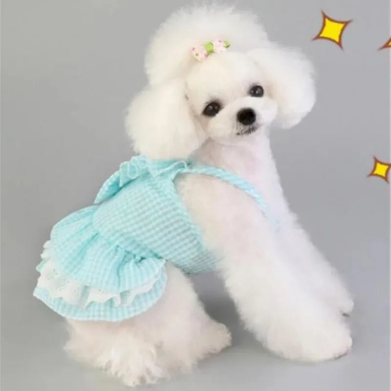 Pink Blue Dog Skirt Plaid Pet Bulldog Dress Spring Summer Party Skirt Teddy French Cat Dress