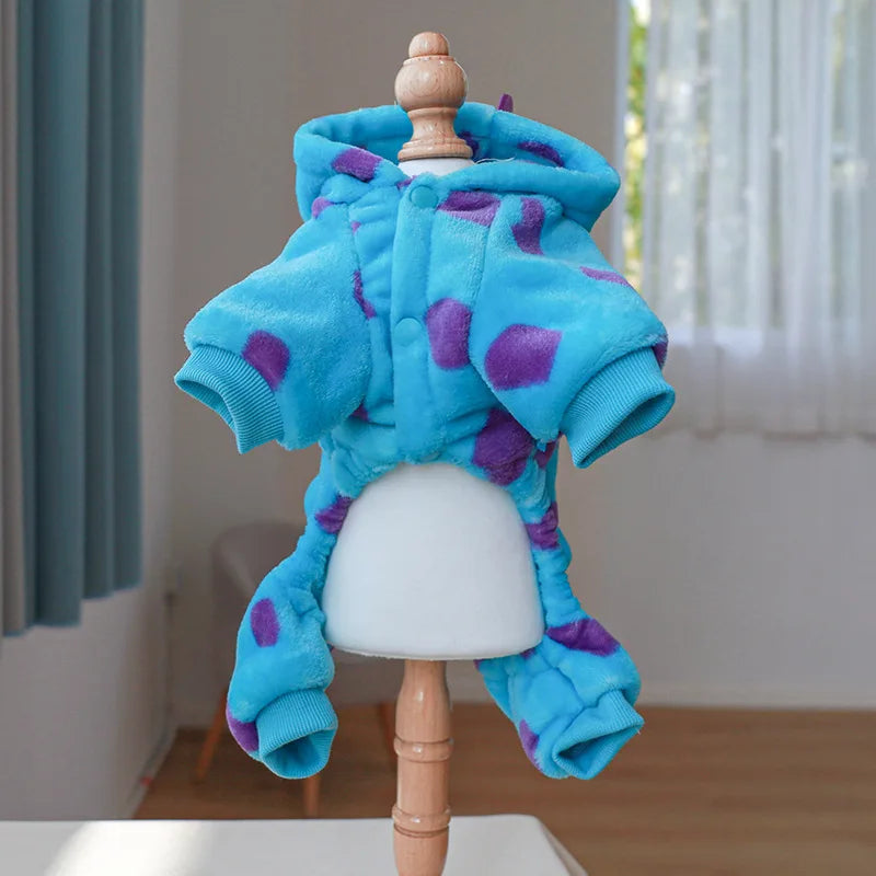 Cosplay Dinosaur Dog Halloween Costume for Small Dogs Dress Up Hoodies Thermal Velvet Padded Dog Pajamas Winter Puppy Jumpsuit