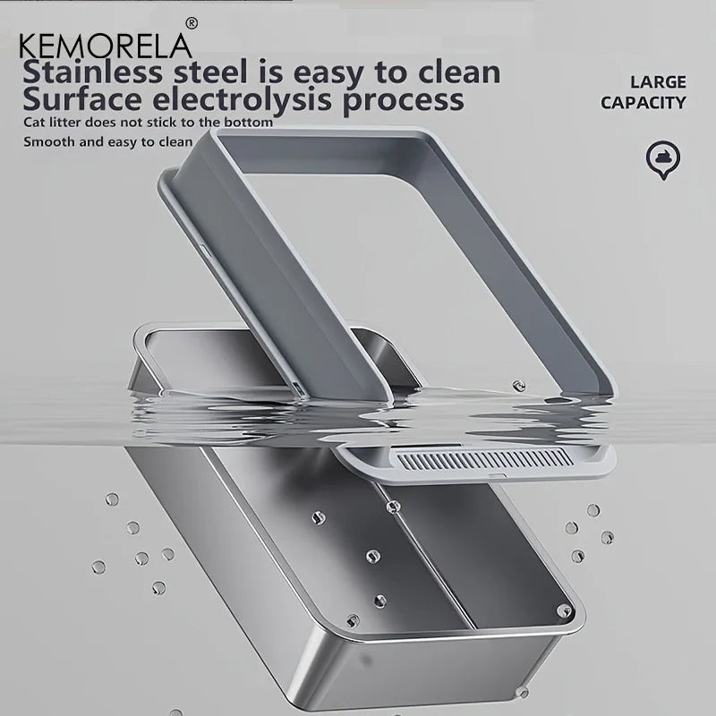 KEMORELA 1PC Stainless Steel Cat Bedpans Thickening Semi-enclosed High Side With Lid Litter Scoop Splashproof Open Litter Box