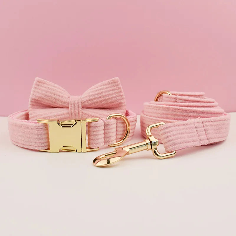 Pink Corduroy Dog Collar And Leash Set For Dogs Custom Engraved Nameplate Pet Supplies Dog Leash Corduroy07