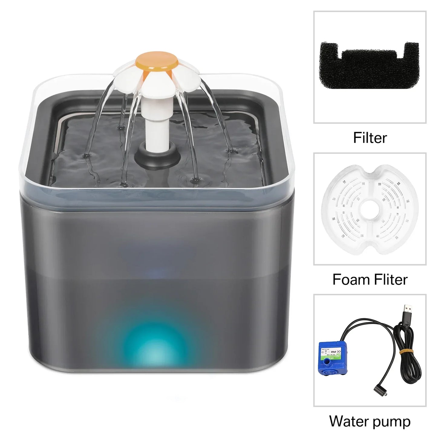 Ultra Silent Pet Fountain 67oz/2L with LED Lighting Activated Carbon Filter Water Dispenser Mute Drinker for Cats Small Dogs