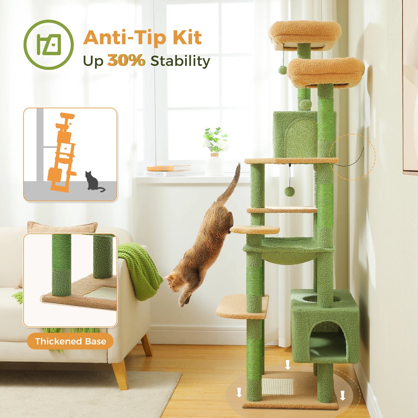 184cm Large Cat Tree Tower for Indoor Cats With Sisal-Covered Scratching Posts Spacious Hammock Padded Perches and Condos Green