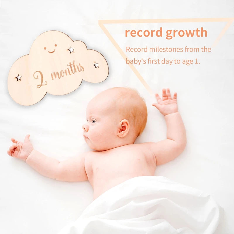 8pc/set Wooden Baby Milestone Card For Newborn Cute Cloud Shape Photography Props Accessories Month Cards Sticker Newborn Gifts