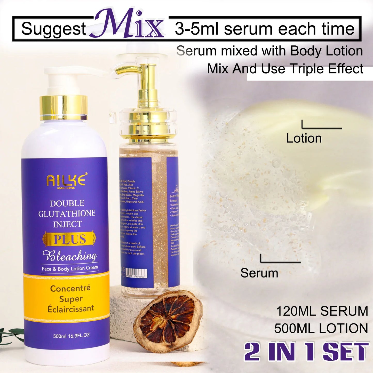 AILKE Glutathione PLUS Skin Care Set, Advanced Lightening Lotion, Moisturizes Softens Skin, Skin Bleaching Kit for Men, Women