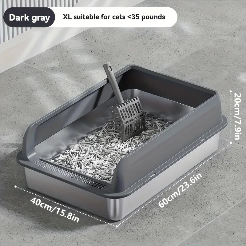 KEMORELA 1PC Stainless Steel Cat Bedpans Thickening Semi-enclosed High Side With Lid Litter Scoop Splashproof Open Litter Box