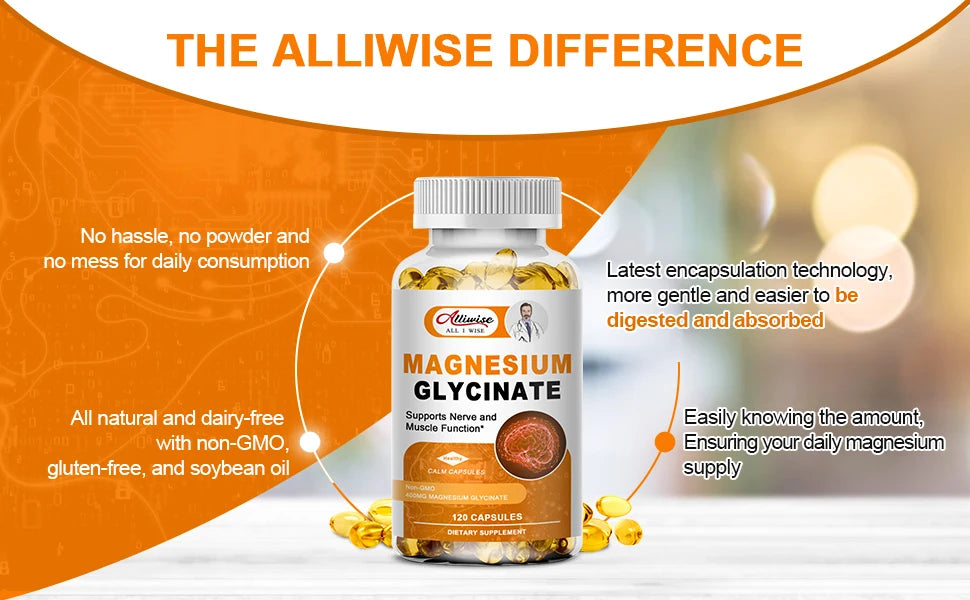 Magnesium Glycinate with Vitamin B6,D3, High Bioavailability Magnesium for Sleep & Calm Support, Nervous, Muscle & Bone Health