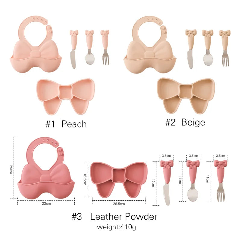Baby Tableware Set BPA Free Silicone Bow Dish Tie Bowl Fork Food Plate Stainless Spoon Non-slip Tableware Newborn Feeding Tool