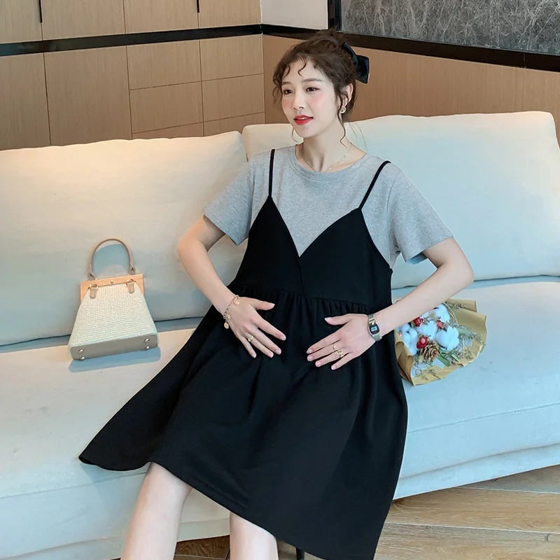 Summer Maternity New Fashion Casual Dresses Summer Mid-Length Maternity Tops Loose False Two-Piece Short-Sleeved Halter Dresses