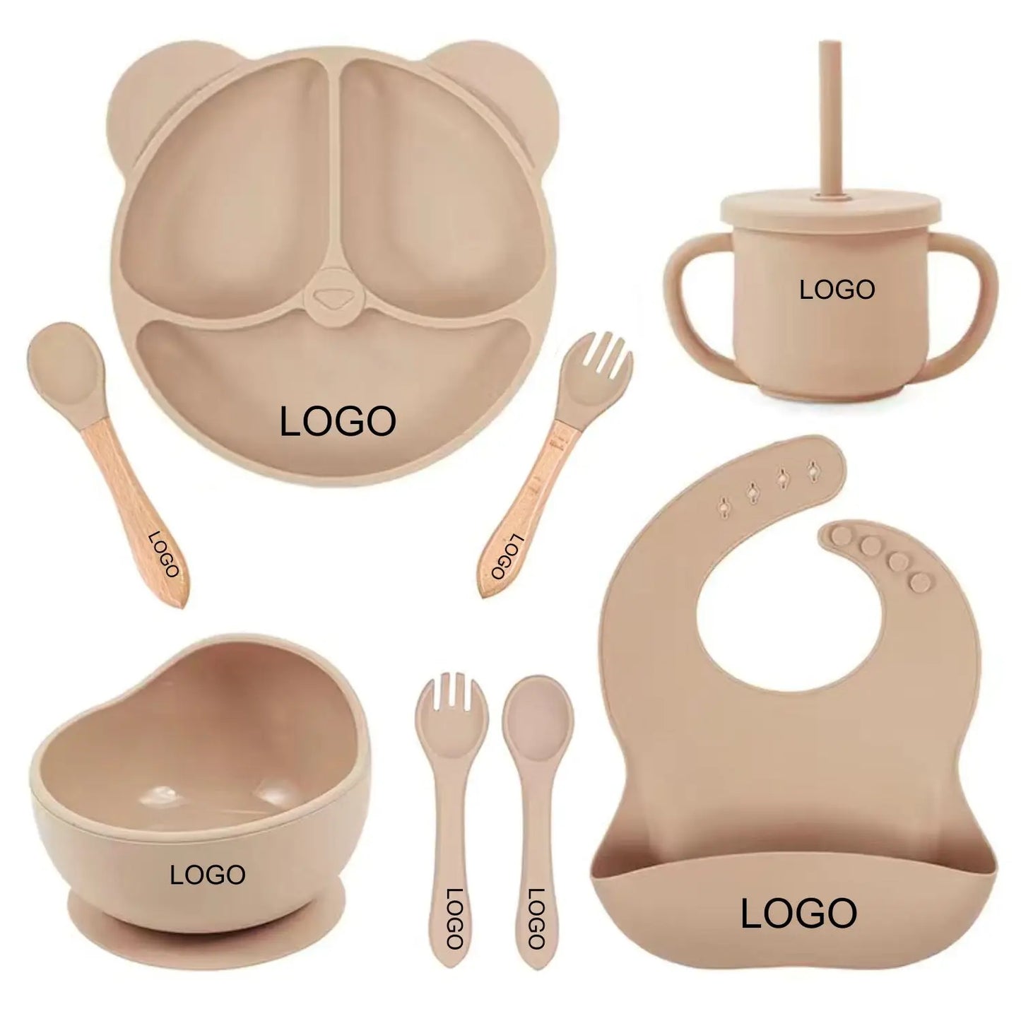 Customized Baby Silicone Feeding Set with Suction Cup Personalized Name Dish Divided Plate Bowl Spoon Cute Kid Eating Tableware