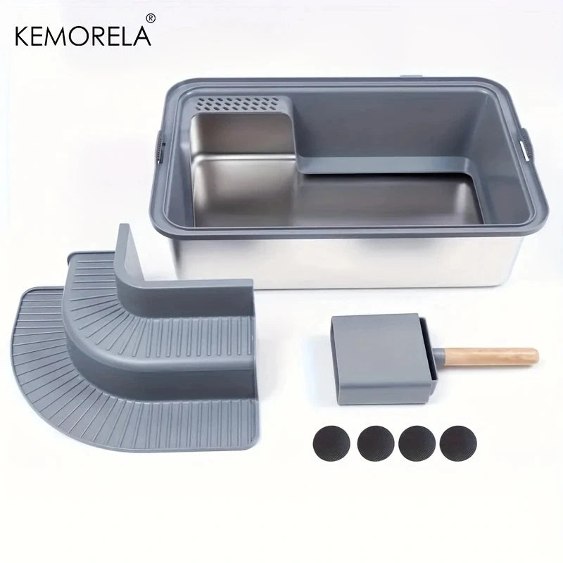 Extra Large 20L Stainless Steel Cat Litter Box With Stair Foot Pad Splash-Proof Easy To Clean Odorless Toilet Cat Litter Box