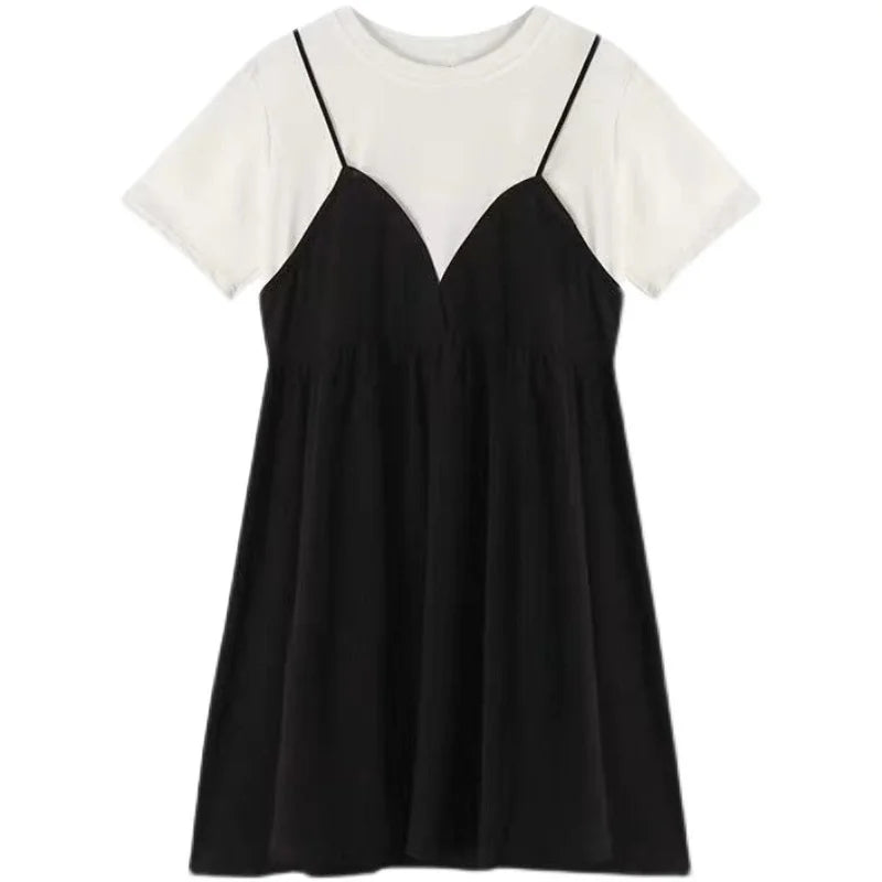 Summer Maternity New Fashion Casual Dresses Summer Mid-Length Maternity Tops Loose False Two-Piece Short-Sleeved Halter Dresses