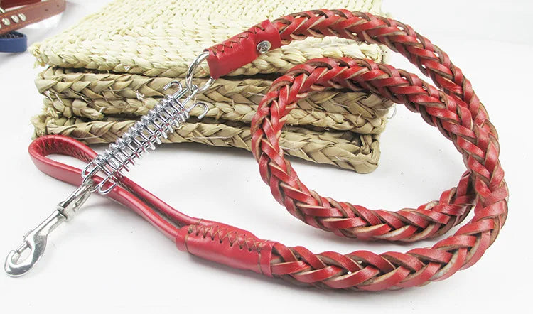 Leather Dog Leash for Large Dogs Strong Leather Braided Dog Leash with Buffer Spring Pet Traction Rope for German Shepherd Dog