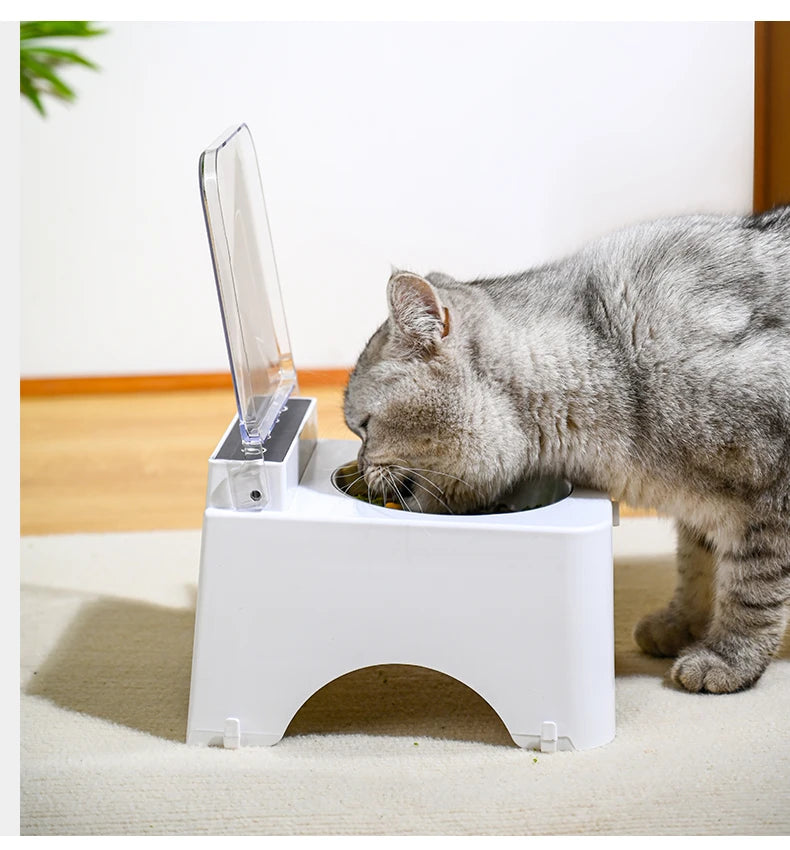 Smart Cat Bowl, Neck Protection, Ceramic Stainless Steel with Lid Cat Food Bowl, Infrared Sensor Auto Open Cover Smart Feeder