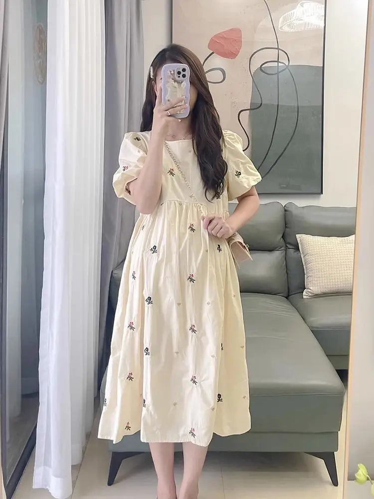 Pregnacy Dress Bowknot Dress Loose Women Bubble Sleeves Chiffon Small Flower Printing Maternity Clothing Pregnant Woman Clothes