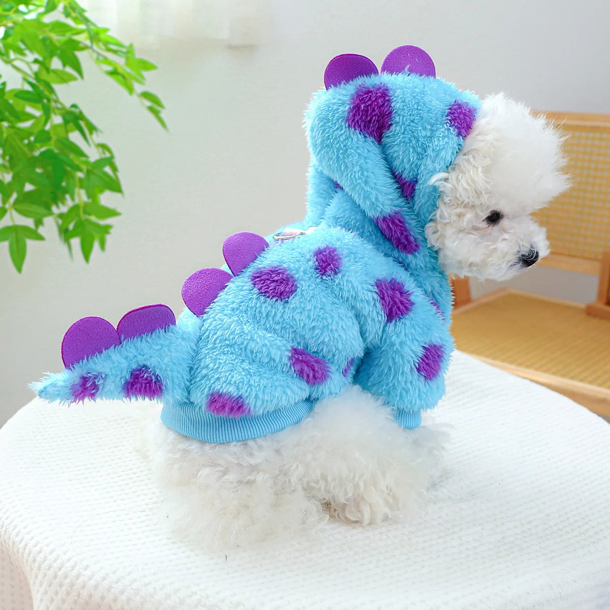 Cosplay Dinosaur Dog Halloween Costume for Small Dogs Dress Up Hoodies Thermal Velvet Padded Dog Pajamas Winter Puppy Jumpsuit