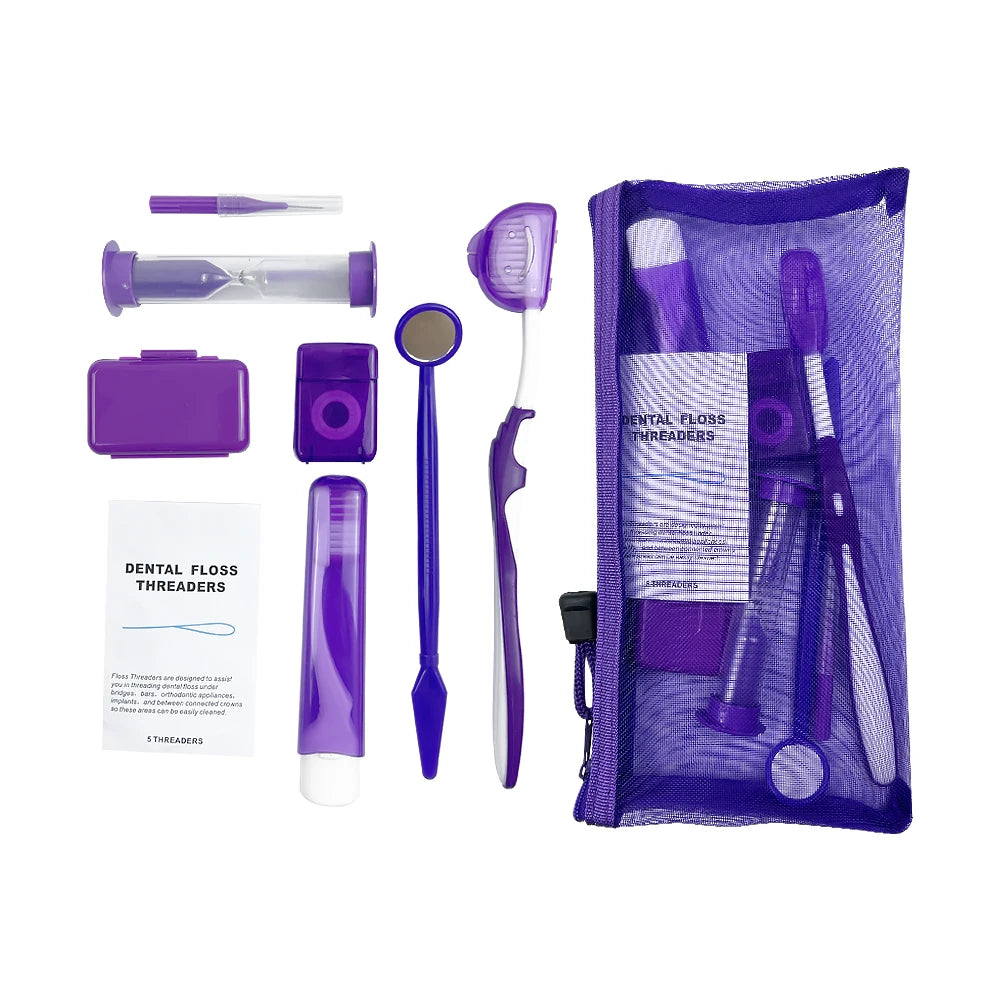 8Pcs/set Orthodontic Dental Care Brush Kit Teeth Cleaning Braces Toothbrush with Interdental Brush Floss Thread Wax Travel Kit