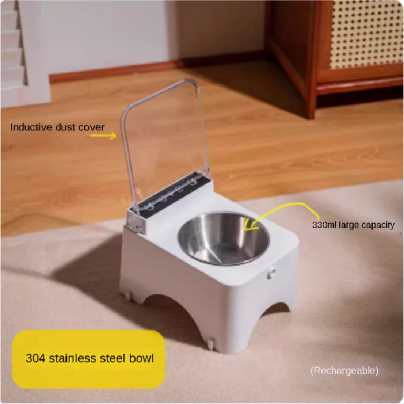 Smart Cat Bowl, Neck Protection, Ceramic Stainless Steel with Lid Cat Food Bowl, Infrared Sensor Auto Open Cover Smart Feeder