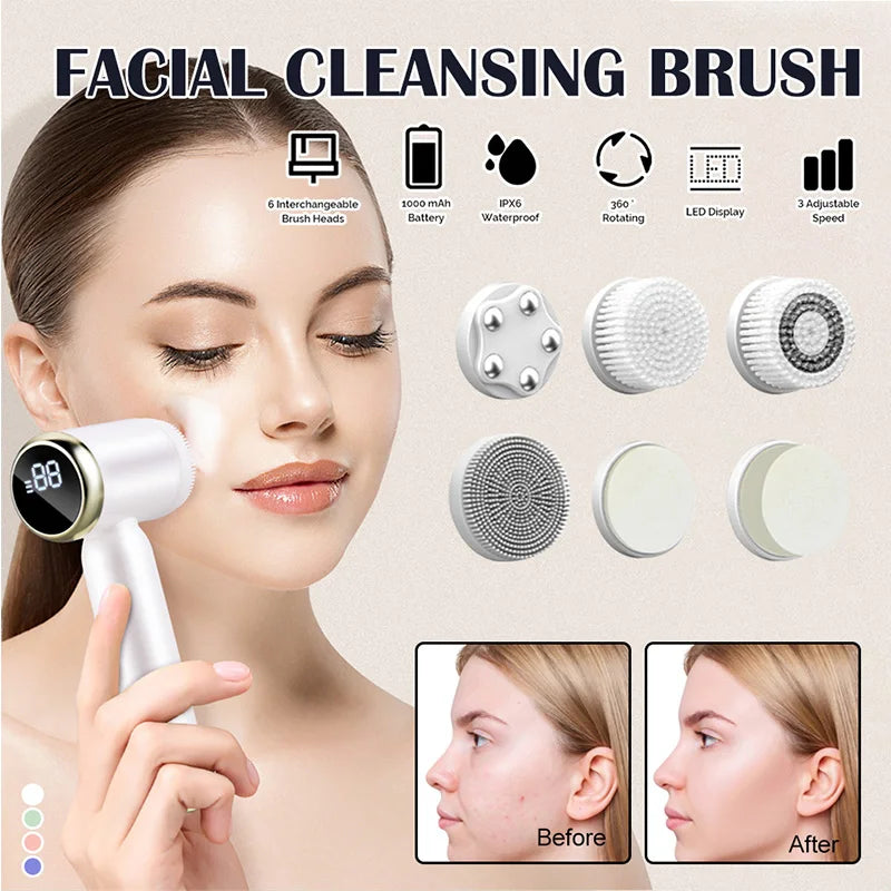 Six-In-One Cleansing Brush Face Wash Brush Clean Pores Exfoliating Silicone Facial Deep Pore Skin Care Scrub Cleanser Tool