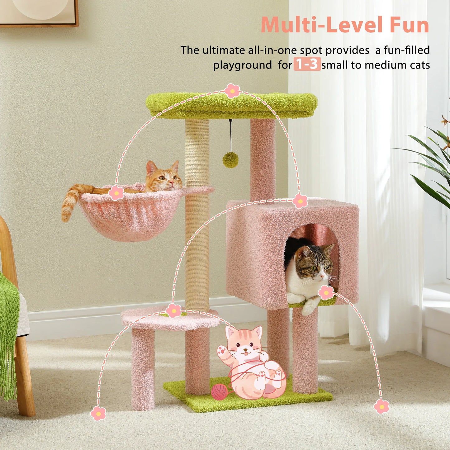 Cat Tree Cute Cat Tower with Padded Top Perch Comfy Hammock Private Condo Fully Scratching Post and Dangling Bell Ball
