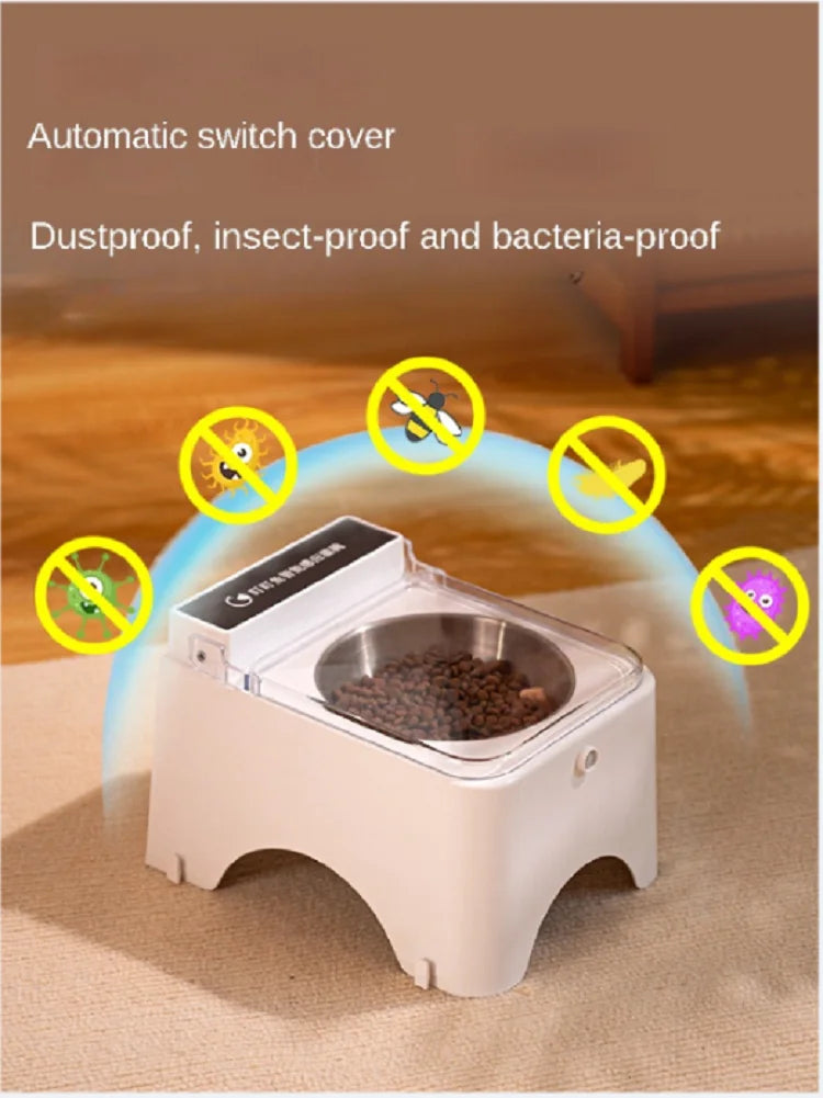 Smart Cat Bowl, Neck Protection, Ceramic Stainless Steel with Lid Cat Food Bowl, Infrared Sensor Auto Open Cover Smart Feeder